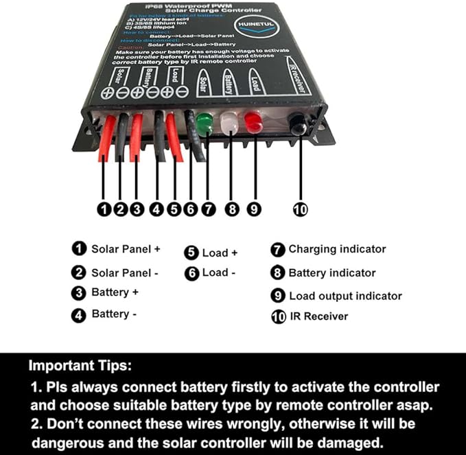 10A IP68 Waterproof Solar Charge Controller 12V 24V PWM Solar Panel Battery Charge Controller with IR Remote Control for Lithium Ion Lifepo4 Lead Acid Battery 24hrs Dust to Dawn Timer