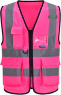 A-SAFETY Pink Safety Vest with Pockets Hi Viz Zipper Front Working Safety Vest with Reflective Strips, Multiple Colors Available,Large