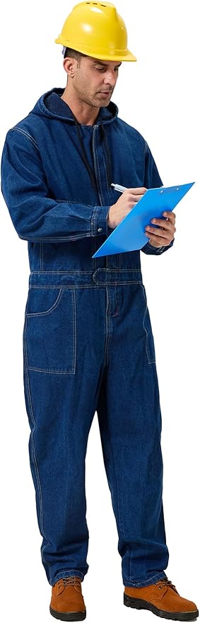 Mens Denim Work Coveralls with Hood Heavy Duty Work Jumpsuit Loose Fit Coverall Hi Viz Mechanic Jeans Overalls