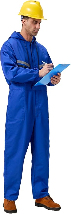 Mens Work Coveralls Mechanic Hooded Overall Workwear Jumpsuits Long Sleeve Hi Viz Coverall with Zippers
