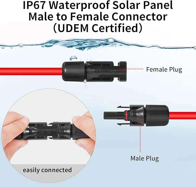 10AWG (6mm²) Solar Panel Extension Cable 10FT - Black & Red, Heavy Duty, Weather Resistant, Standard Solar Connectors Solar Extension Cable for Solar Power Systems, RVs, Boats