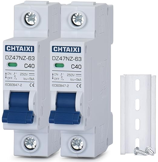 DC Miniature Circuit Breaker, 2 Pack 40 Amp Single Pole 250V DIN Rail Mount Isolator for Solar PV System, Thermal Magnetic Trip Solar Disconnect Switch DC MCB 1P C40