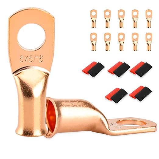 10 PCS Battery Terminal Connectors, Battery Cable Ends Lugs, 6 Gauge Wire Connectors, 6 AWG 5/16" Stud Ring Terminals, Copper Wire Lugs with Heat Shrink Tubing.