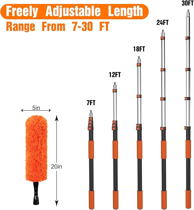 36FT Reach Ceiling Fan Cleaner Duster, Fan Blade Cleaner Kit with 7-30FT Extension Pole, Microfiber Duster & Replaceable Cleaning Cloth for Blades, Ceiling, Furniture