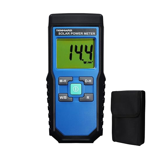Solar Power Meter, Digital Solar Irradiance Meter Solar Energy Meter, Handheld Solar Power Meter with 2000 W/m2, 634 BTU / (ft2 · h) Measuring Range and MAX/MIN/Data Hold Function