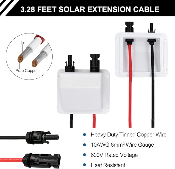 Solar Cable Entry Gland with 10AWG 3.28Ft Solar Extension Cable, UV Resistance, Waterproof Solar Junction Box for RV, Boat, Campe, Van(White)