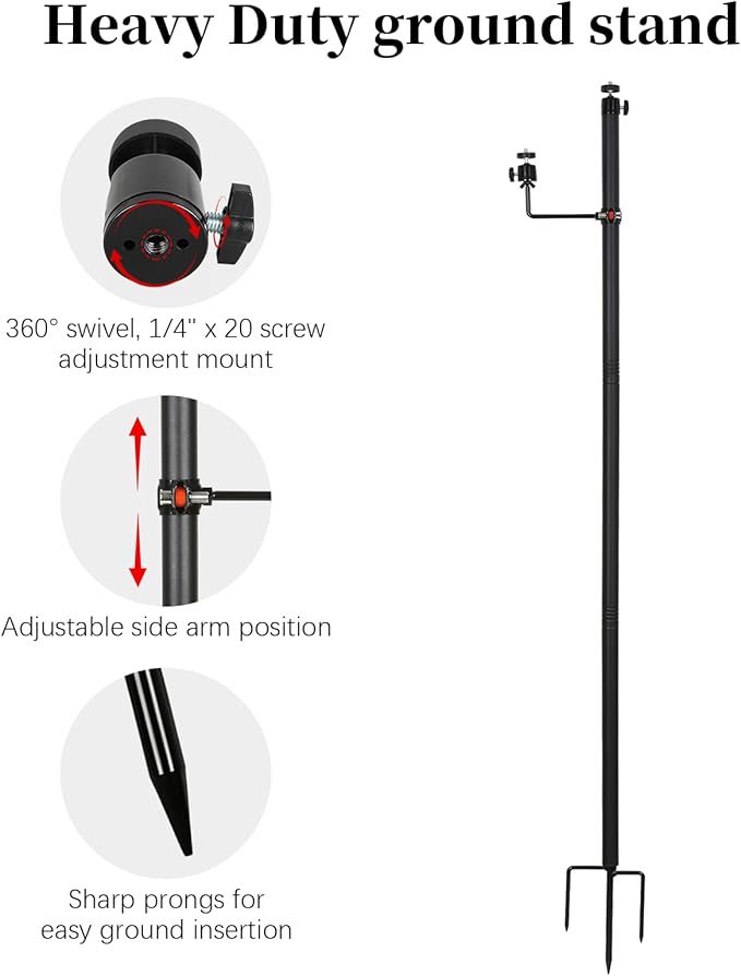 Xtellar 56'' Heavy Duty Trail Camera Mount with Solar Panel Arm - 2-in-1 Adjustable Steel Ground Stake, 360° Swivel Mounts, 3-Spike Base for Hunting/Outdoor Security Camera & Solar Panel(2 Pack)
