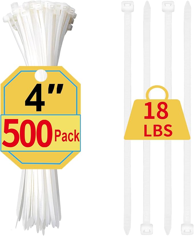Small Zip Ties 4 Inch, 500 Pack, Mini White Cable Ties for Electronics, Wires, Nylon/Plastic Clear Zip Ties for Home Improvement, Office & Outdoor Use, 18lb Tensile Strength.