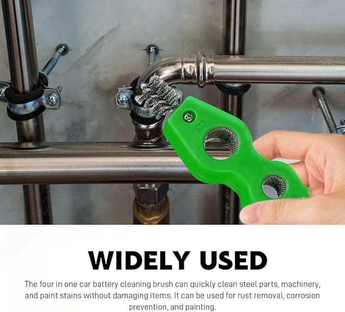 4 in 1 Car Battery Cleaning Brush, Battery Terminal Cleaner, Anti-Rust Auto Battery Cleaner with Steel Wire, Car Accessories Vehicle Machine Parts Clean Tools for Most Vehicles (Green)