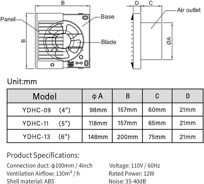 SAILFLO 4 Inch Wall-Mounted Exhaust Fan, 12W Ventilation Extractor with Anti-backflow Check Valve Chain Switch for Window Duct Glass Grow Tent Bathroom Vents - 6"×6" Grid Panel - Small Size