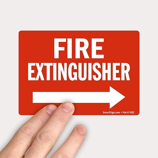 SmartSign 3.5 x 5 inch “Fire Extinguisher” Sticker Label with Right Arrow, Glossy Finish, 3 mil Laminated Adhesive Polyester, Red and White, Made in USA