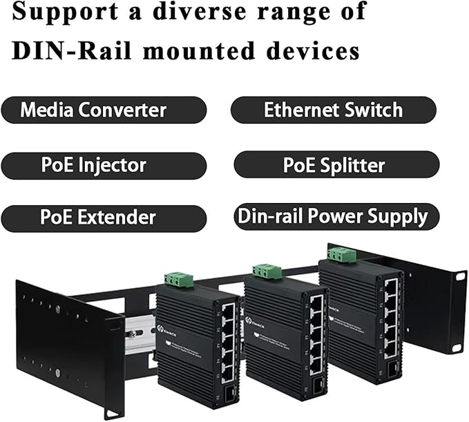 2U 19 inch Din Rail Chassis Bracket Depth Adjustable Rackmount Kit Aluminum Rack Mount Rack Rails for 35mm Din-Rail Mounted Device Ethernet Switch Media Converter Shelf