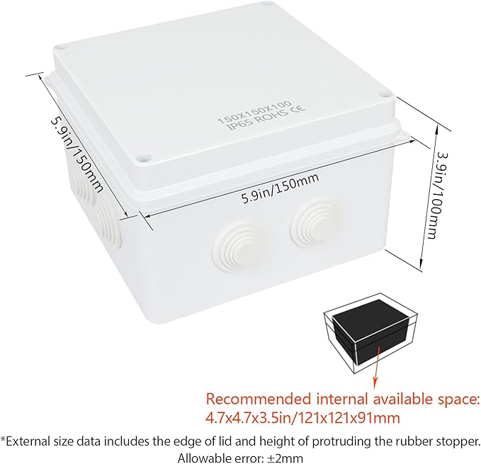 LeMotech Junction Box, ABS Plastic IP65 Waterproof and Dustproof, Universal Electrical Enclosure, Outdoor and Indoor Project Box 5.9X 5.9X 3.9 inch (150 x 150 x 100 mm)