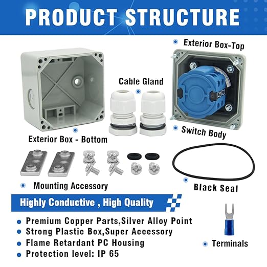 20A Rotary Changeover Switch with Box, 4-Ways 1NO 1NC 8 Terminals, 660V Universal Selector Switch with Blue Fork Terminals (5 Positions 2 Poles)