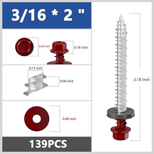 # 3/16 * 2" 139PCS 2lbs Red Hexagonal Metal Sheet roof Screws, #10 * 2 with EPDM washers and Hexagonal self Tapping, Used for Metal to Wood, Corrugated Roofs.5 * 50mm