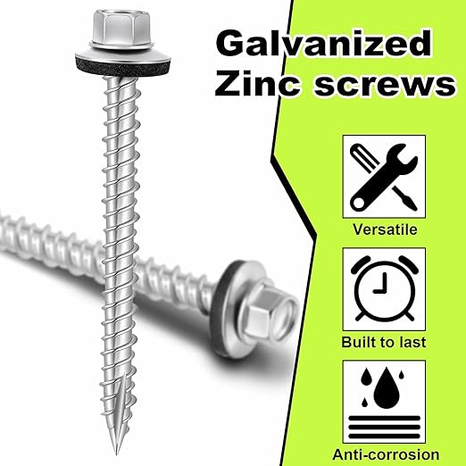 Tandefio 500 Pcs #10 x 2 Hex Head Metal Roofing Screws, Sharp Point, Galvanized, Roof Self Starting Tapping Siding Sheet with Rubber Washer Seal for Wood Panels Summer(Zinc)