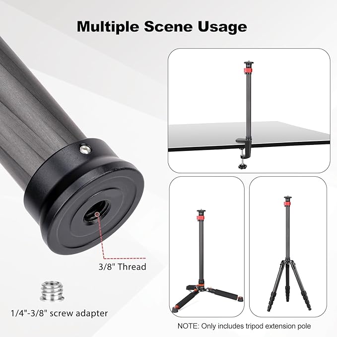 Koolehaoda Tripod Extender 2 Section Center Column Extension 28" Carbon Fiber Telescopic Stick Rod with 1/4" to 3/8" Screw Compatible with Tripod/Monopod/Gimbal/Camera, Max Load 33lb