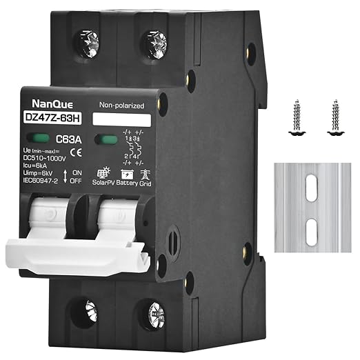 DC 260V 500V 600V 800V 1000V Circuit Breaker MCB Solar Panel Protector PV System Battery Discharge Protector Automatic AC DC Univesal Thermomagnetic Black Color (63A)