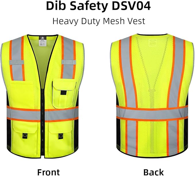 Dib Safety Reflective Vest Yellow Mesh, High Visibility Vest with Pockets and Zipper, ANSI Class 2 Heavy Duty, Made with 3M Reflective Tape, S