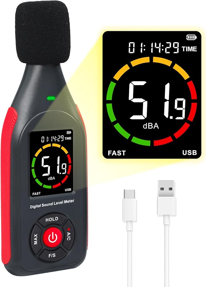 Decibel Meter Data Logger, Digital Sound Level Meter with Recording, dB Meter 30~130dB, 31,000 Data, 3Color Light Alarm, USB Rechargeable SPL Meter for Home, Classroom, Office, Neighbor, Industrial