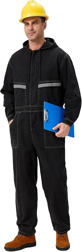 Mens Denim Work Coveralls with Hood Heavy Duty Work Jumpsuit Loose Fit Coverall Hi Viz Mechanic Jeans Overalls