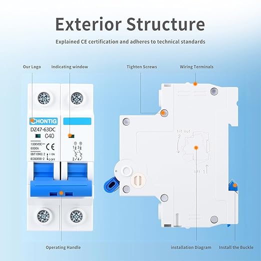 40 Amp Miniature DC Circuit Breaker 1000V 2 Pole, Solar PV Disconnect Switch with Thermal Magnetic Trip, DIN Rail Mount Isolator C40