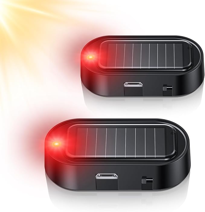 Car Solar Power Simulated Dummy Alarm, Car Security Anti-Theft LED Flashing Fake Lamp with Light Sensor, Vehicle Alarm Light for SUV, RV, Truck(2PC, Red