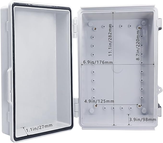 Waterproof Outdoor Electrical Box Junction Box Weatherproof IP67 ABS Plastic Enclosure Switch Router Project Box with Mounting Plate with Wall Bracket 2 Cable Glands Grey 11.81" x 7.87" x 5.12"