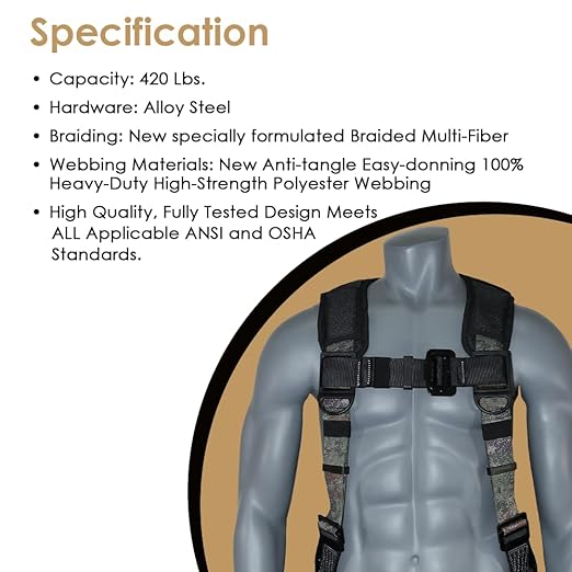 AFP Camouflage Universal Fall Protection Ergonomic Comfort Safety Harness, Soft Pressure-Relieving Perforated Breathable Padded Foam Shoulder, 3 D-Rings, Tongue Buckle, Mating Buckle (OSHA/ANSI PPE)