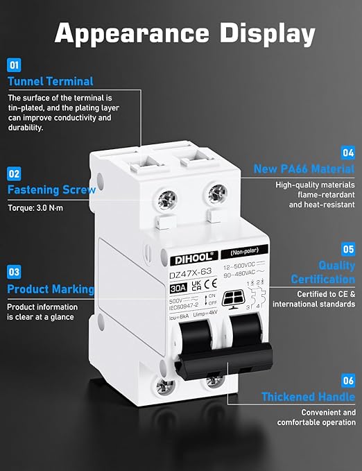 DIHOOL Solar Disconnect Switch, 30 Amp 2 Pole, DIN Rail Mount, Non Polarized, 12V 24V 48V 400V, AC/DC Circuit Breaker, RV Battery Isolator, PV Array MCB, Thermal Magnetic Trip