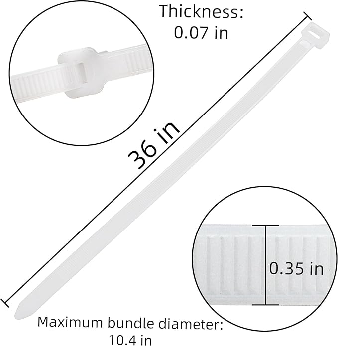 100 Pack 36 inch Extra Long Zip Ties, White Heavy Duty Cable Ties Outdoor, Large Thick Nylon Zipties Wire Ties for HVAC, Industrial, Binding Fences