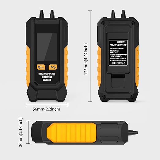 PT503 Manometer Gas Pressure Tester,Dual-Port HVAC Digital Manometer with Range of -100 to 200 KPa, 6 Units, Data Retention, 7Adapters,