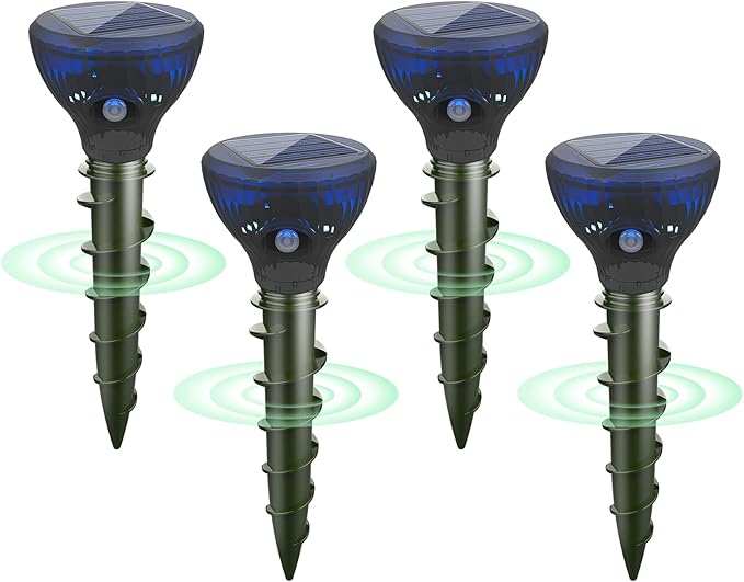 Mole Repellent Ultrasonic Solar Powered Sonic Mole Spikes Outdoor Vole Chipmunk Groundhog Repeller Waterproof Rodent Gopher Snake Deterrent Flash&Vibration is Suitable for Lawn, Courtyard
