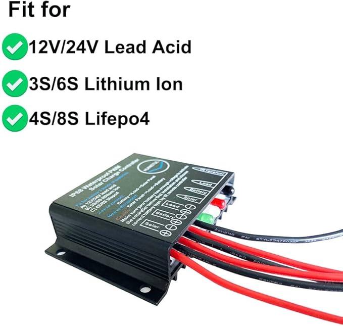 10A IP68 Waterproof Solar Charge Controller 12V 24V PWM Solar Panel Battery Charge Controller with IR Remote Control for Lithium Ion Lifepo4 Lead Acid Battery 24hrs Dust to Dawn Timer
