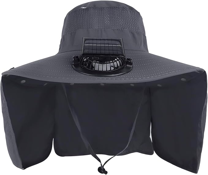 Extra Wide Brim Solar Fan Hat, Mens Fishing Hat with Fan, Neck Flap Sun Hat, UPF 50+ Solar Powered Cooling Cap Fisherman Hats
