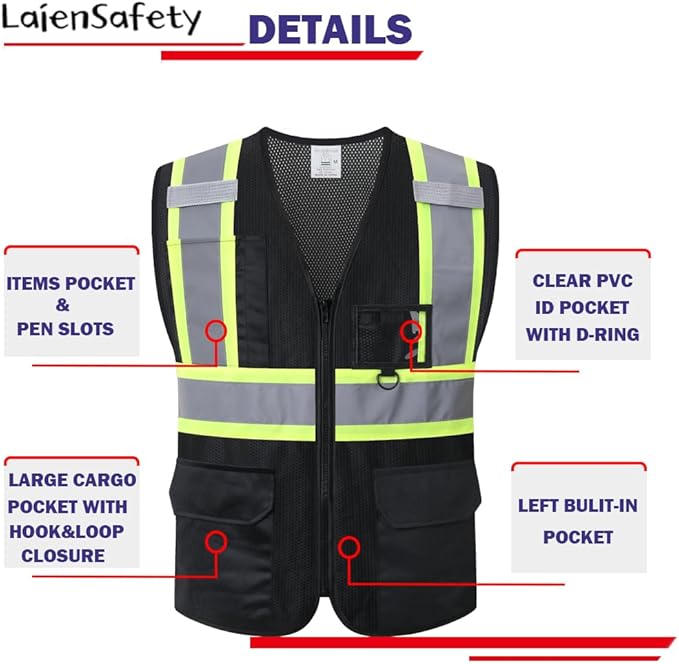 Safety Vest for Men Women,Mesh High Visibility Reflective Vest with Multiple Pockets and Zipper Front,Meets ANSI/ISEA Standards(EK1-178-Black-L)