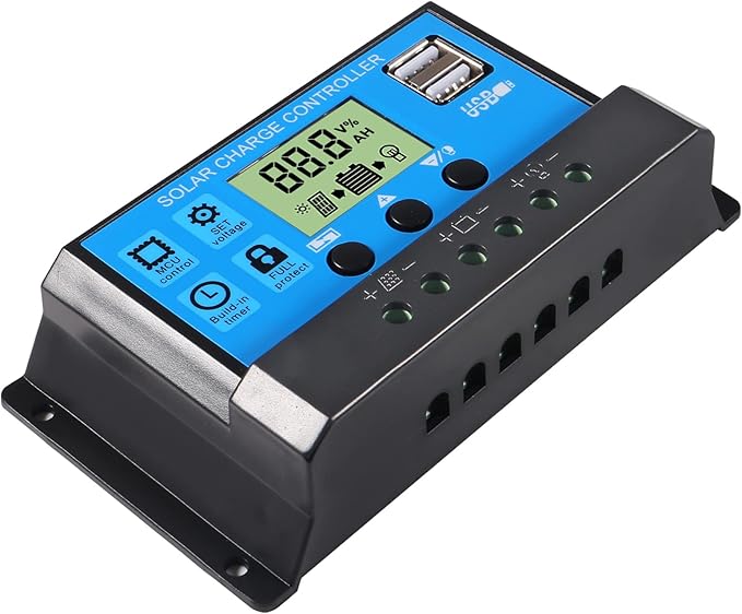 2pcs 30A Solar Charge Controller 12V/ 24V Solar Panel Charge Controller Intelligent Regulator with 5V Dual USB Port Display Adjustable Parameter LCD Display and Timer Setting ON/Off Hours