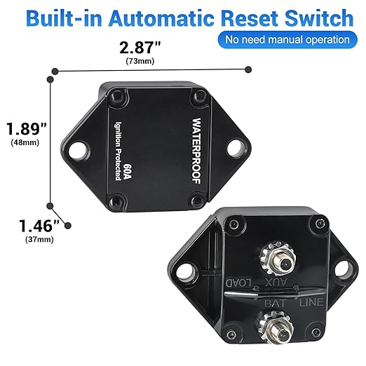 60Amp Circuit Breaker Auto Reset for Boat Trolling Motor Marine ATV Trailer Vehicles Stereo Audio Electronic Battery Solar System Inline Fuse Waterproof DC 12V-48V (Panel Mount-Auto)