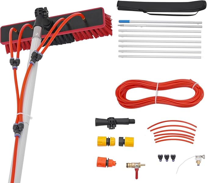 Solar Panel Cleaning Brush & Squeegee Kit, 26.25ft Long Reach Extendable Water Fed Pole Kit, Water Fed Window Cleaner Tool with 14" Brush, for Window Outdoor Roof Cleaner Kit (26.25FT Long)