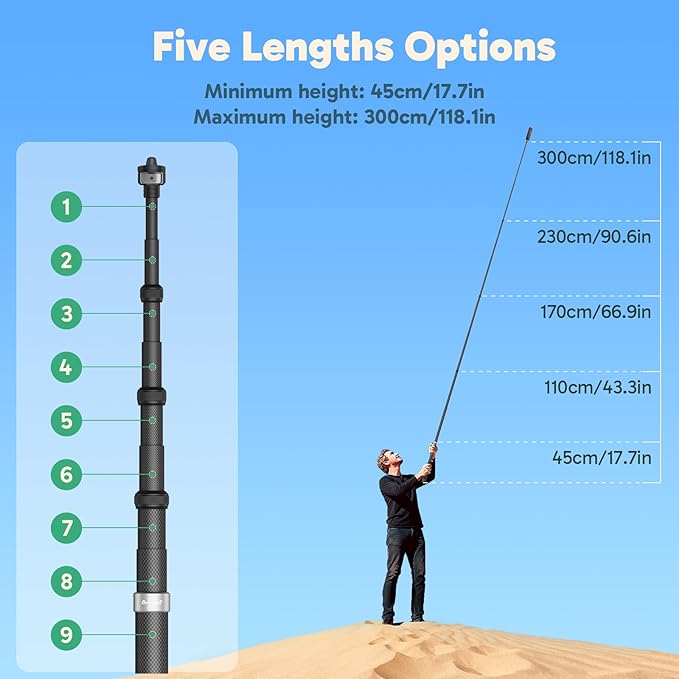 AKASO 118"/3m Invisible Selfie Stick - Carbon Fiber Extension Pole for Insta360 X5/X4/X3, DJI Osmo 360, GoPro Hero 13/12/11, AKASO 360/EK7000/EK7000 Pro, Brave 4/4 Pro, Brave 7/7 LE Action Camera
