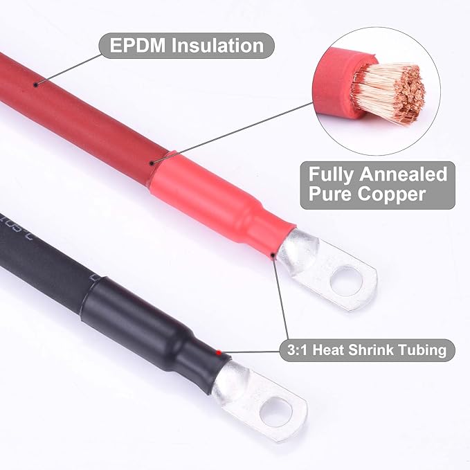 8 AWG Flexible Battery Cable with 5/16" Terminals - OFC Pure Copper Inverter & Welding Wire for Automotive Solar RV Motorcycle (Red + Black 1FT Pair)