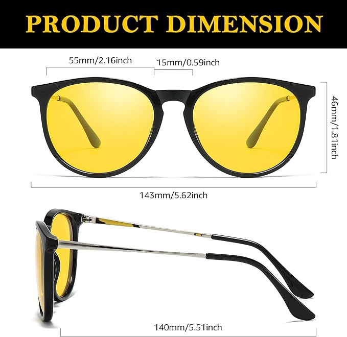 TJUTR Night Vision Driving Glasses for Men & Women, Polarized Anti Glare Yellow Lens Glasses for Night Time Safety TN2582N