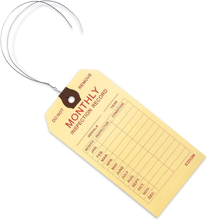 Fire Extinguisher Monthly Inspection Tags - 4 3/4" x 2 3/8" - Box of 100 Manila Service Tags with Wire Ties Attached for Indoor Only