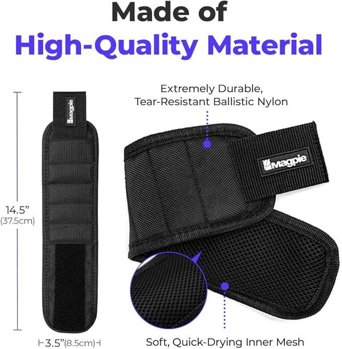 Magpie Magnetic Wristband - 10 Extremely Powerful Magnets for Holding Screws, Nails and Drill Bits, Made of Enhanced Nylon for Lightweight and Durability, For Men/Dad/Husband/DIY