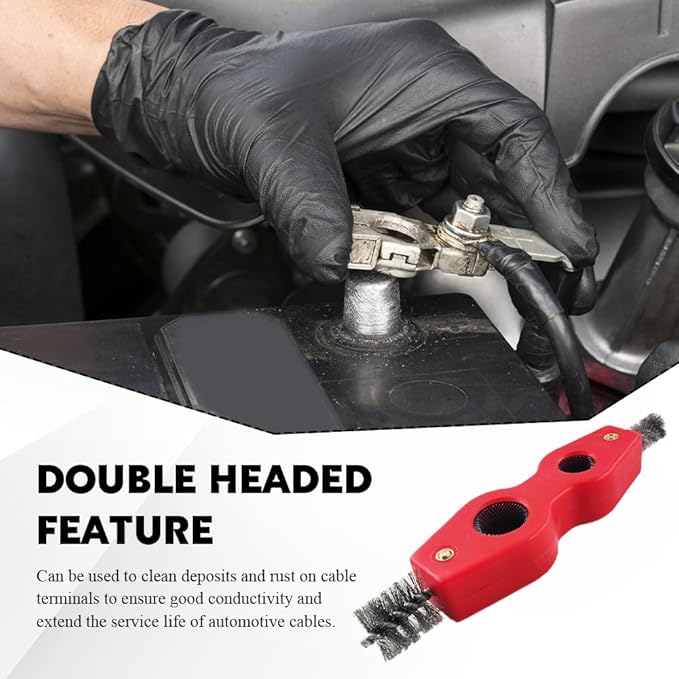 4 in 1 Car Battery Cleaning Brush, Battery Terminal Brush, Anti-Rust Auto Battery Cleaner with Steel Wire, Car Accessories Vehicle Machine Parts Cleaning Tools Fit for Auto Marine (Red)