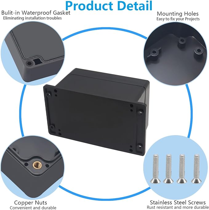 Project Box ABS Black Electrical Boxes IP67 Outdoor Waterproof Junction Box Electronic with Mounting Ears Includes Cable Glands for DIY Project 6.3 x 4.3 x 3.5 inch (160x110x90mm)