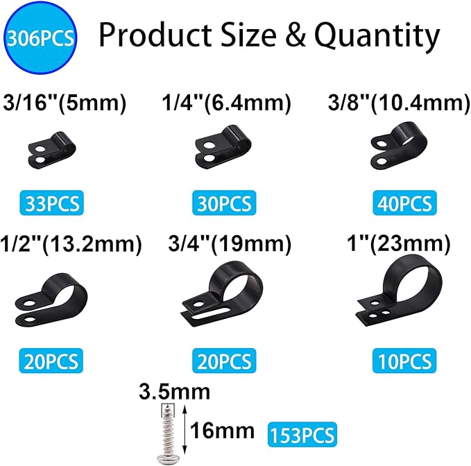 TWTADE 306PCS Black Cable Clamps Nylon Plastic R-Type 6 Sizes 3/16'' 1/4'' 3/8'' 1/2'' 3/4'' 1'' Cable Mounting Wire Clips Assortment Kit with Screws for Wire Management H-049