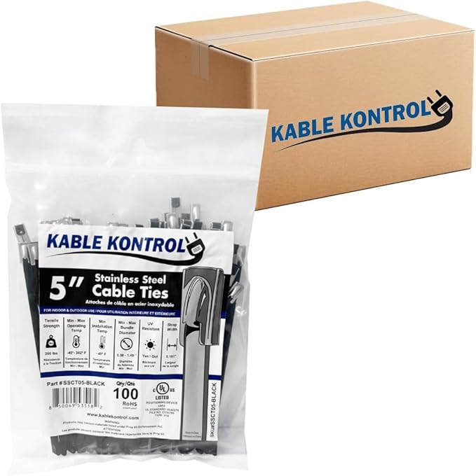 Kable Kontrol Black Metal Zip Ties Bulk Pack - 5" Inch Long 5000 Pcs, 200 Lbs Tensile Strength, Polyester Coated 304 Stainless Steel Cable Ties UV & Chemical Resistance, for Indoor & Outdoor Use