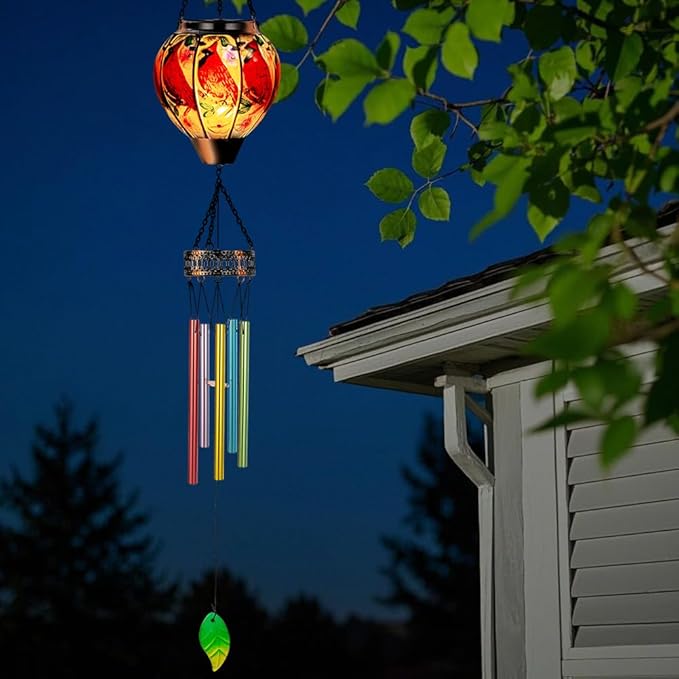 Cardinal Wind Chimes for Outside,Solar Wind Chimes with Solar Lights,Hanging Wind Chime Deep Tone,Windchimes Outdoor,Memorial Wind Chime for Mom,Outdoor Windchime for Loss of Loved One