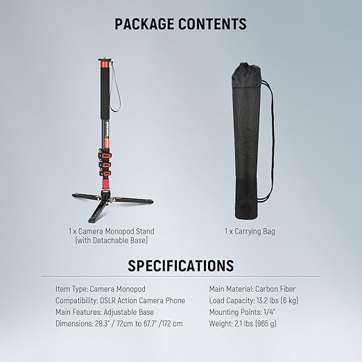 NEEWER 67.7" Camera Monopod Stand, Lightweight Carbon Fiber Travel Tripod with Detachable Base for DSLR Camcorder Video Recording, Telescopic Selfie Stick Trekking Pole, Max Load 13.2lb, TP71